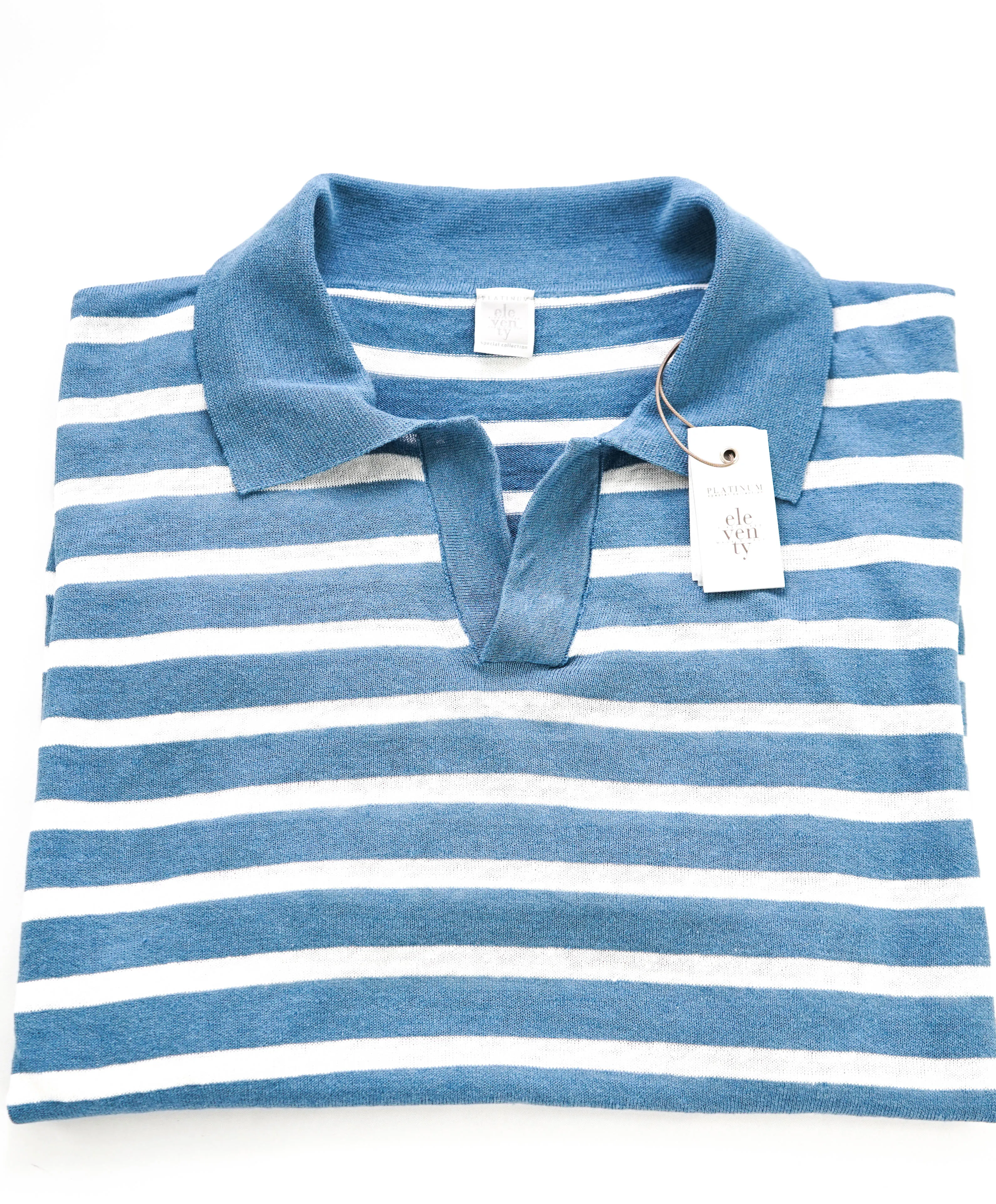 $575 ELEVENTY - Linen/Cotton Blue Sweater Polo Short Sleeve T - XL