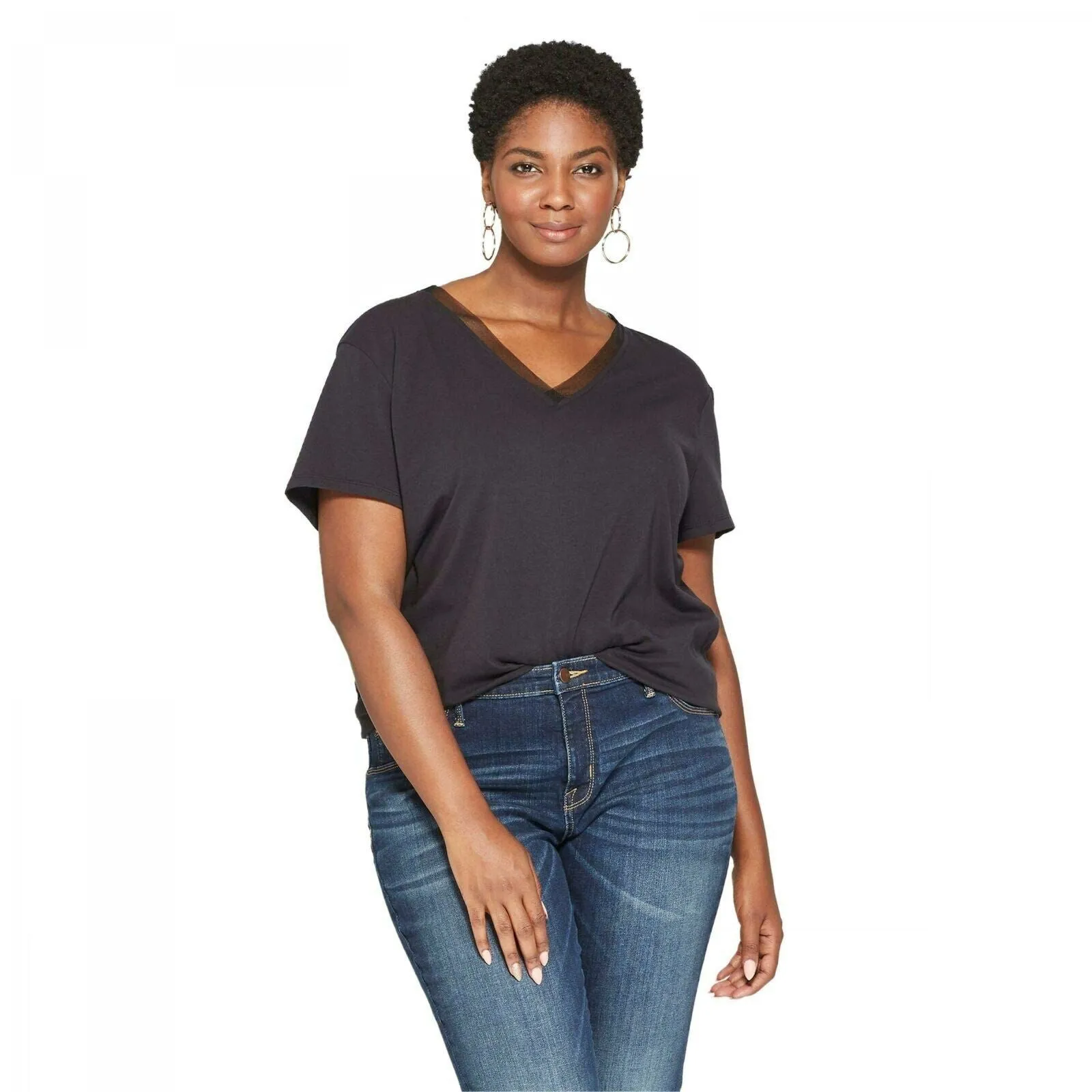 Ava & Viv Women's Plus Size Floral Ruched Back Short Sleeve Knit & Woven Top