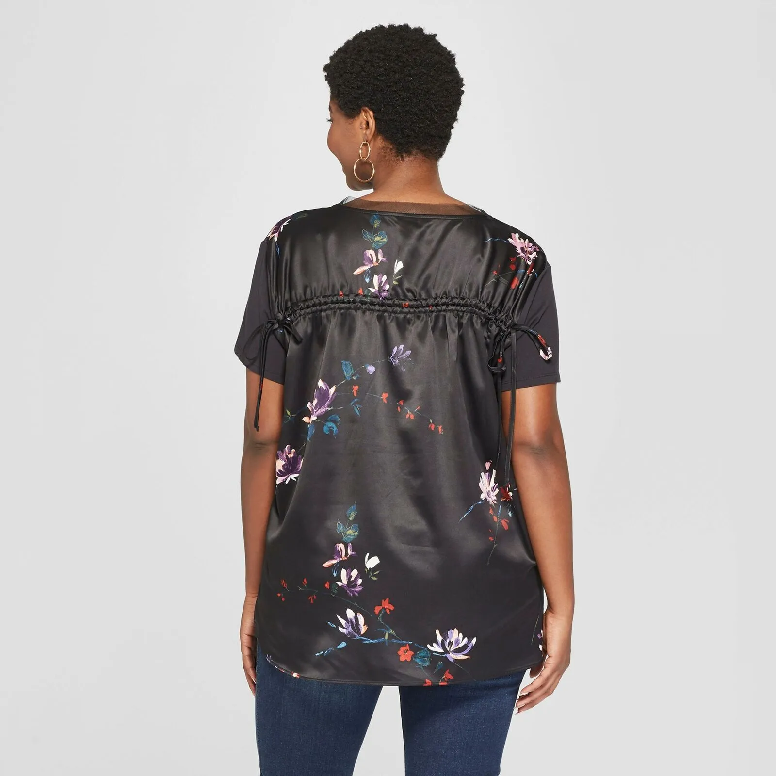 Ava & Viv Women's Plus Size Floral Ruched Back Short Sleeve Knit & Woven Top