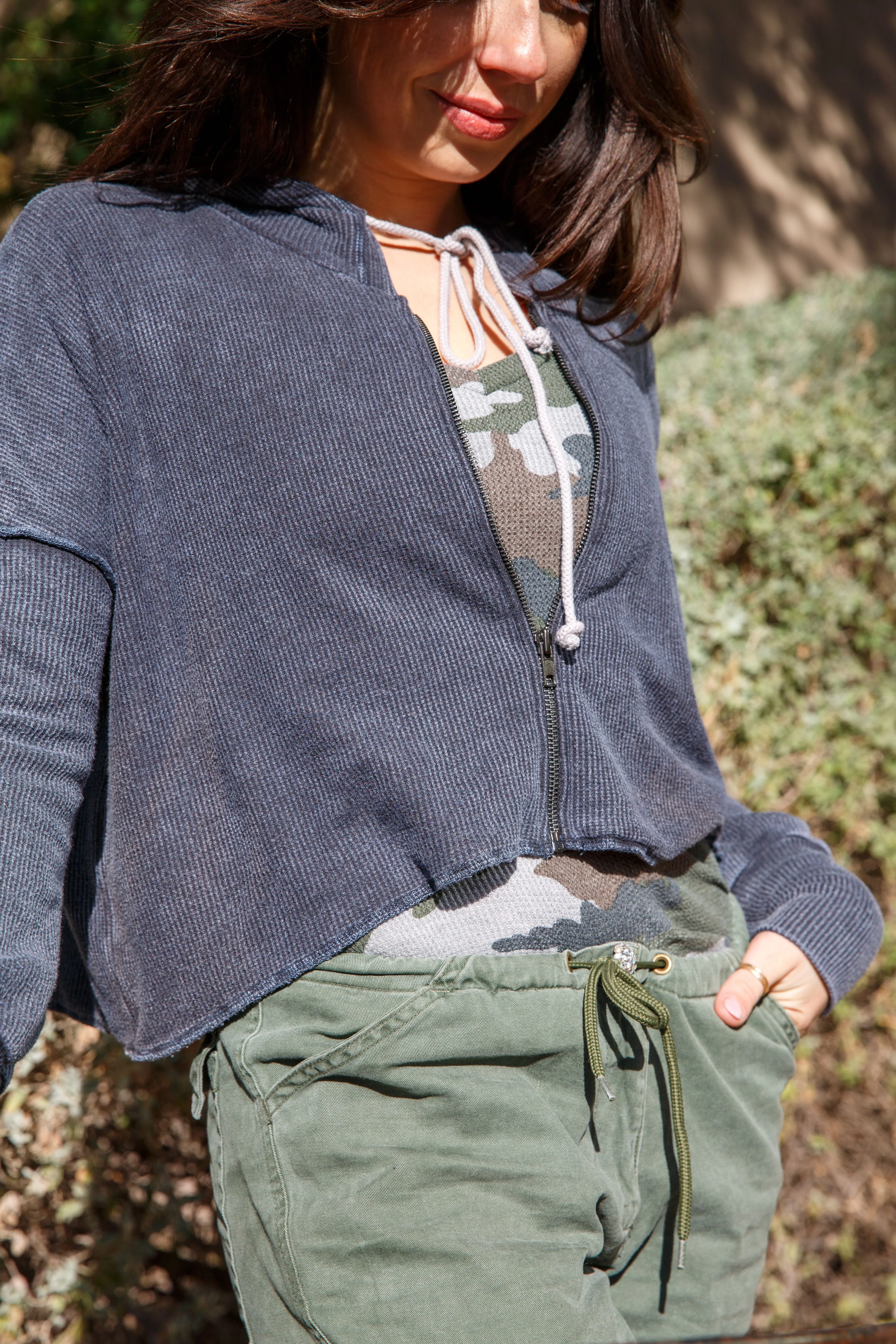 BOXY LINED THERMAL ZIP HOODIE - VINTAGE BLACK