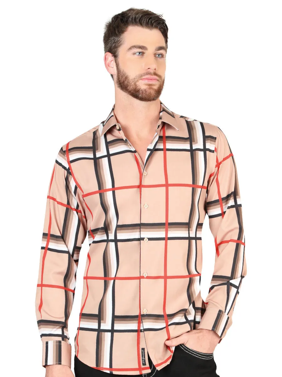 Camisa Casual Manga Larga Estampada Cuadros Caqui para Hombre 'El Señor de los Cielos' - ID: 44604