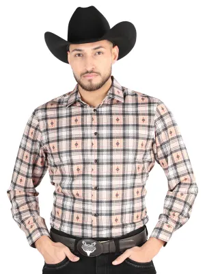 Camisa Vaquera Manga Larga Estampada Cuadros Beige/Negro para Hombre 'El Señor de los Cielos' - ID: 44698