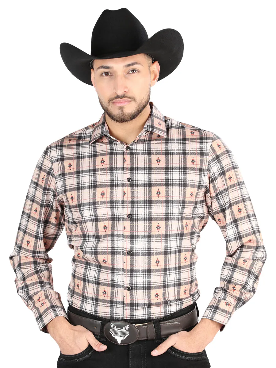 Camisa Vaquera Manga Larga Estampada Cuadros Beige/Negro para Hombre 'El Señor de los Cielos' - ID: 44698