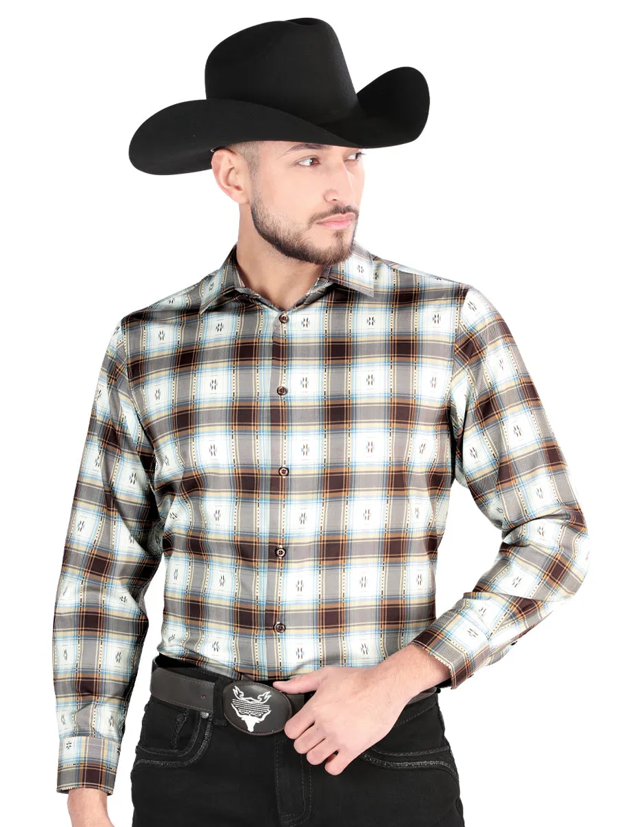 Camisa Vaquera Manga Larga Estampada Cuadros Cafe/Arena para Hombre 'El Señor de los Cielos' - ID: 44700