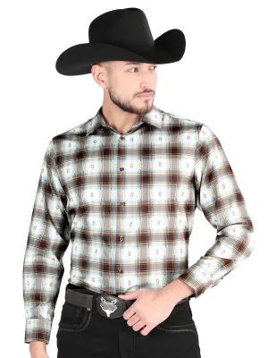 Camisa Vaquera Manga Larga Estampada Cuadros Cafe/Arena para Hombre 'El Señor de los Cielos' - ID: 44700