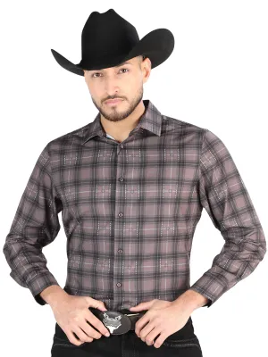 Camisa Vaquera Manga Larga Estampada Cuadros Moka/Olivo para Hombre 'El Señor de los Cielos' - ID: 44712
