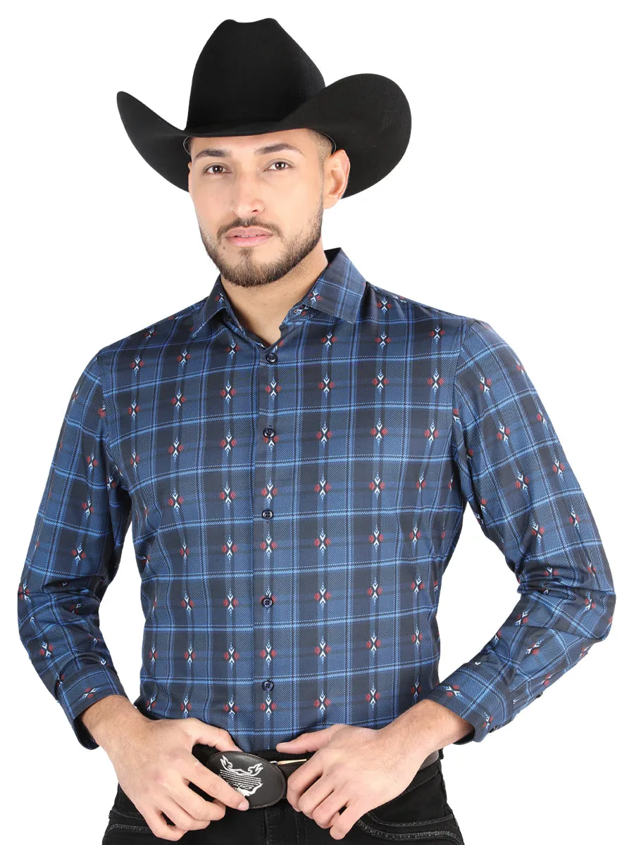 Camisa Vaquera Manga Larga Estampada Cuadros Negro/Azul para Hombre 'El Señor de los Cielos' - ID: 44704
