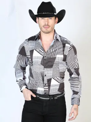 Camisa Vaquera Manga Larga Estampada Cuadros Negro/Blanco para Hombre 'El Señor de los Cielos' - ID: 43991