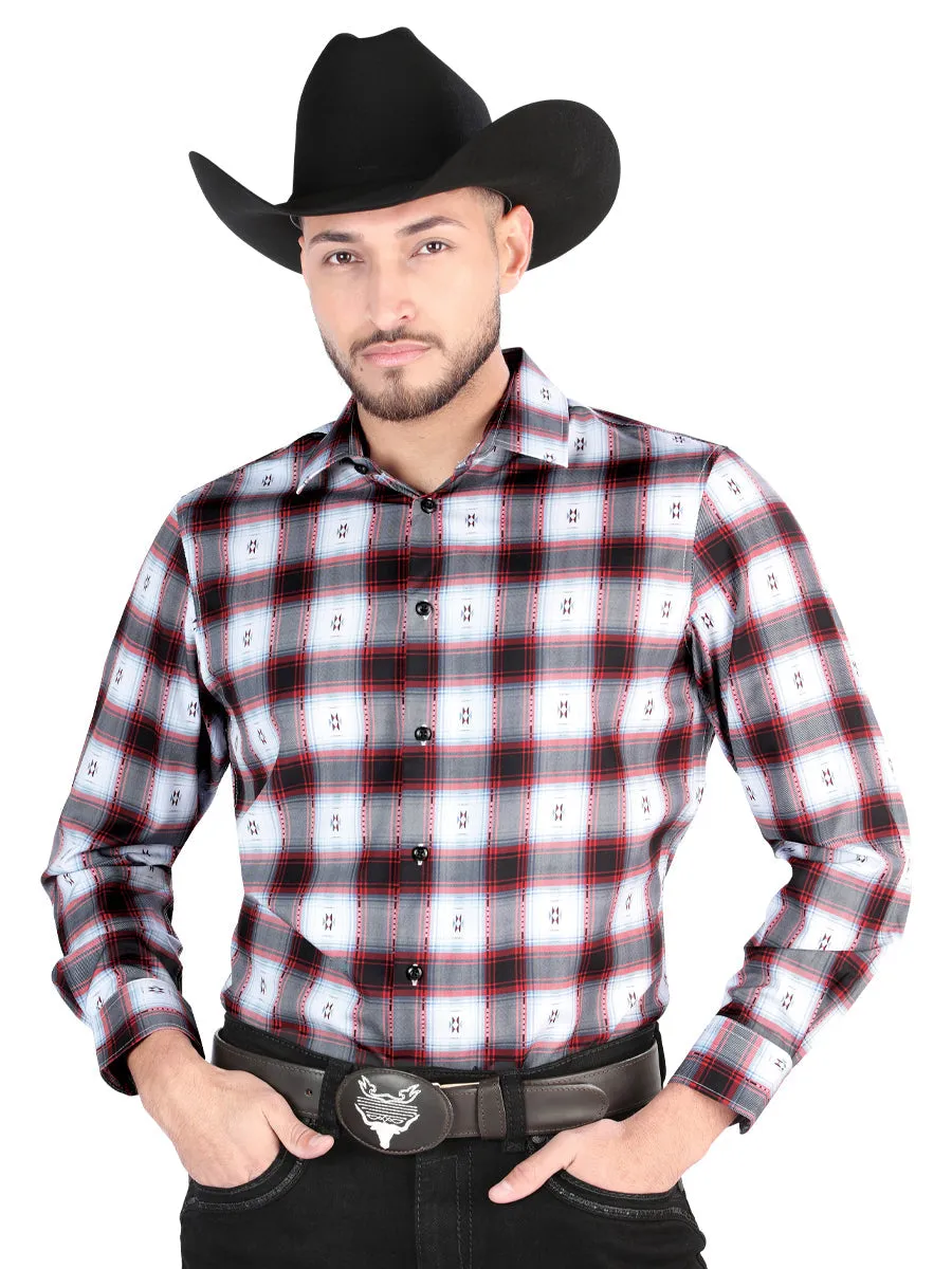 Camisa Vaquera Manga Larga Estampada Cuadros Negro/Rojo para Hombre 'El Señor de los Cielos' - ID: 44701