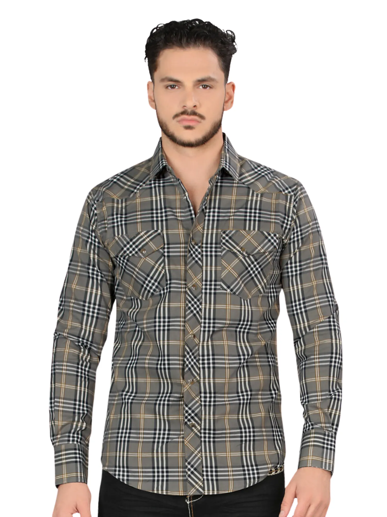 Camisa Vaquera Manga Larga Estampada Cuadros para Hombre 'Montero' - ID: 4013