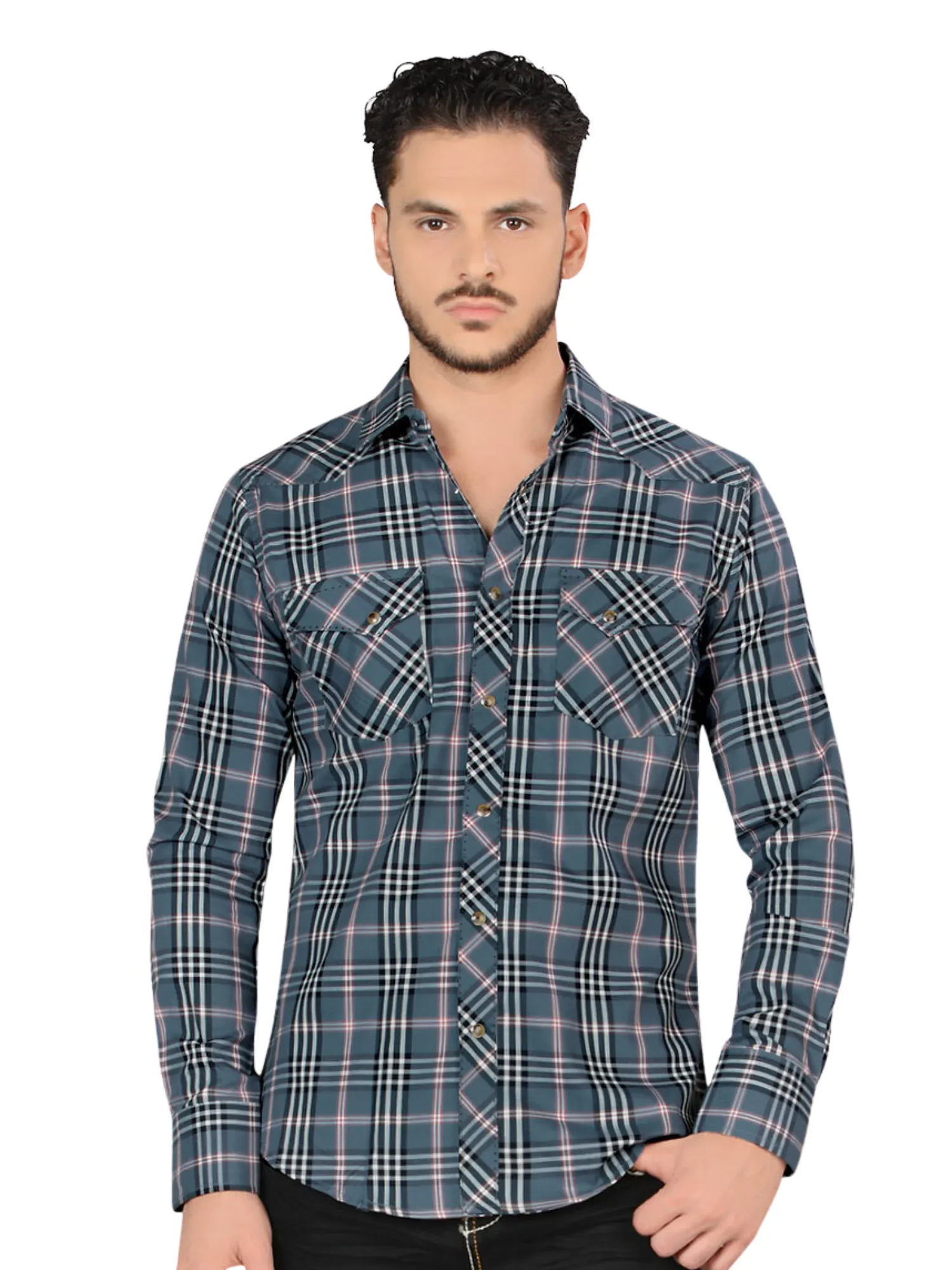 Camisa Vaquera Manga Larga Estampada Cuadros para Hombre 'Montero' - ID: 4013