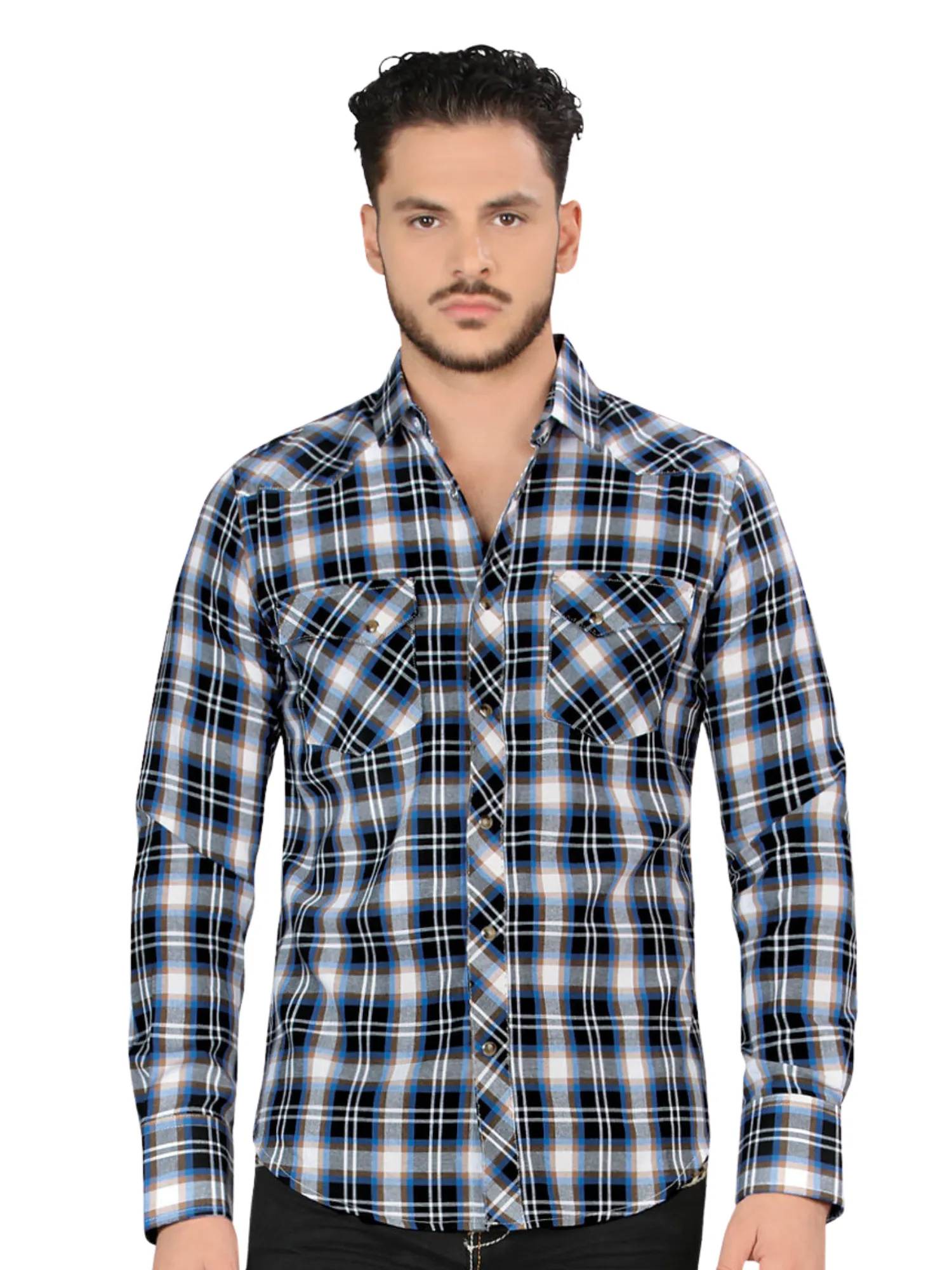 Camisa Vaquera Manga Larga Estampada Cuadros para Hombre 'Montero' - ID: 4013