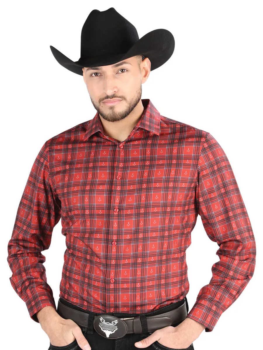 Camisa Vaquera Manga Larga Estampada Cuadros Rojo para Hombre 'El Señor de los Cielos' - ID: 44705