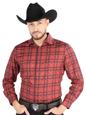 Camisa Vaquera Manga Larga Estampada Cuadros Rojo para Hombre 'El Señor de los Cielos' - ID: 44705