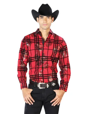 Camisa Vaquera Manga Larga Estampada Cuadros Vino para Hombre 'El Señor de los Cielos' - ID: 43592