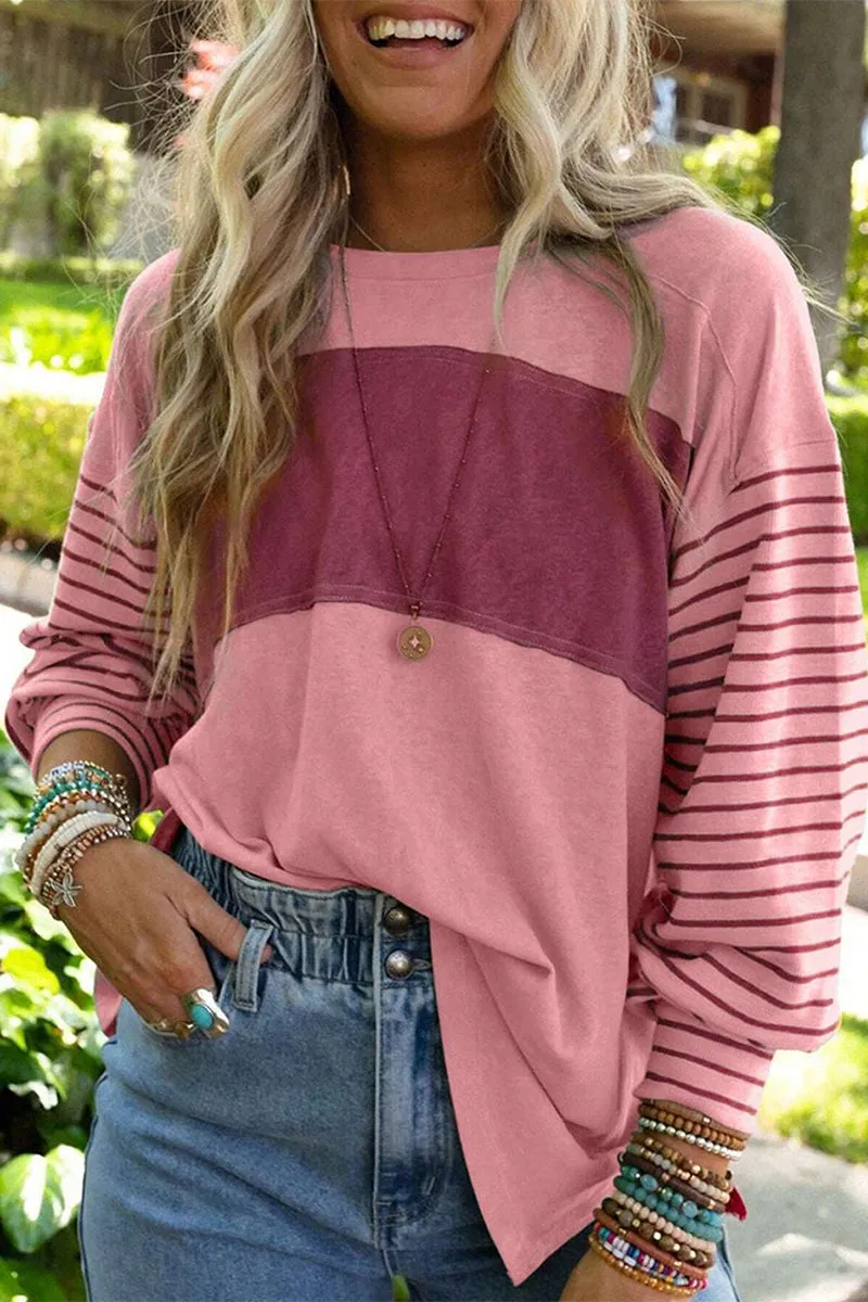 Casual Color Block Contrast O Neck Tops(5 Colors)