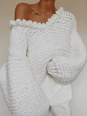 Casual Loose Long Sleeves Crochet Solid Color V-Neck Sweater Tops