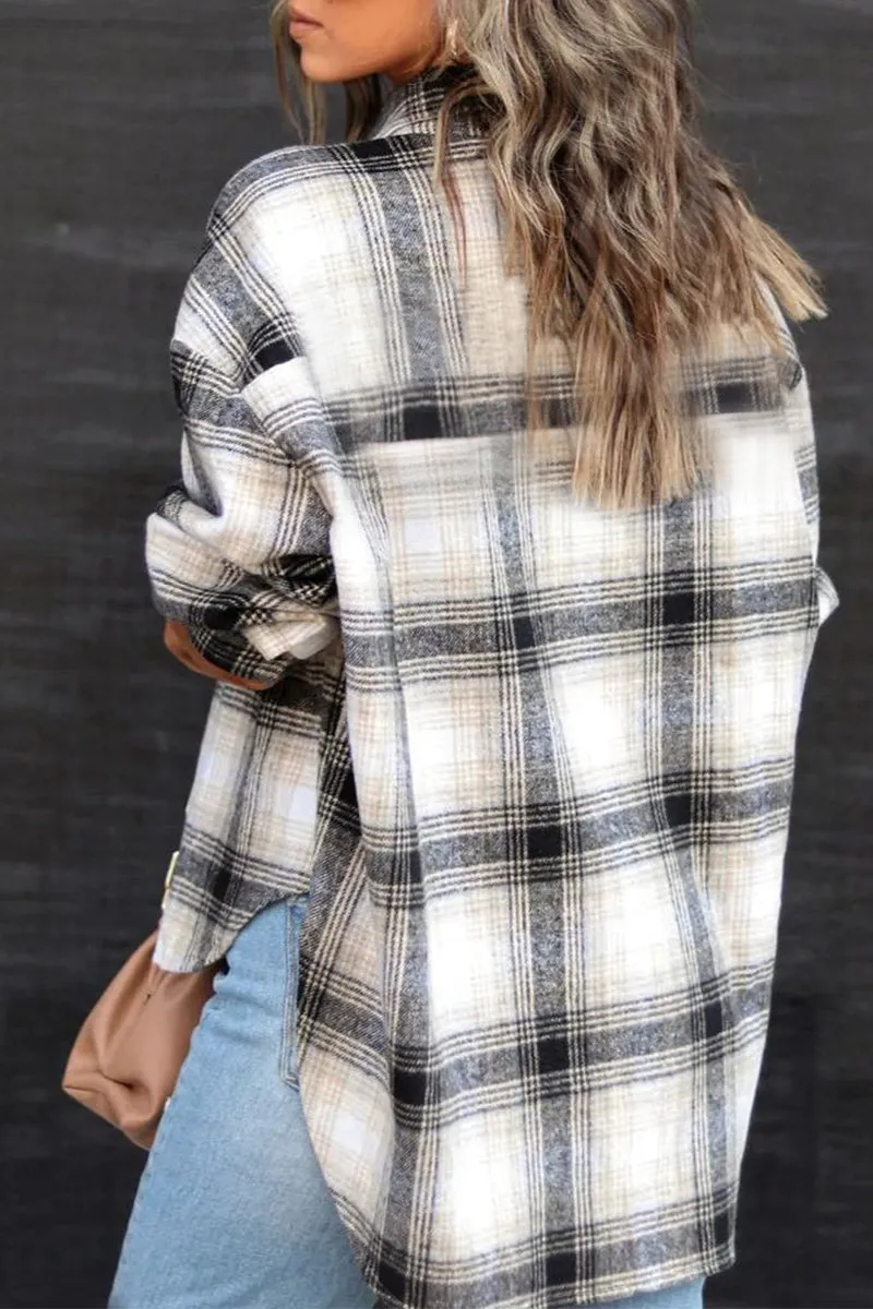 Casual Plaid Striped Pocket Buckle Shirt Collar Tops