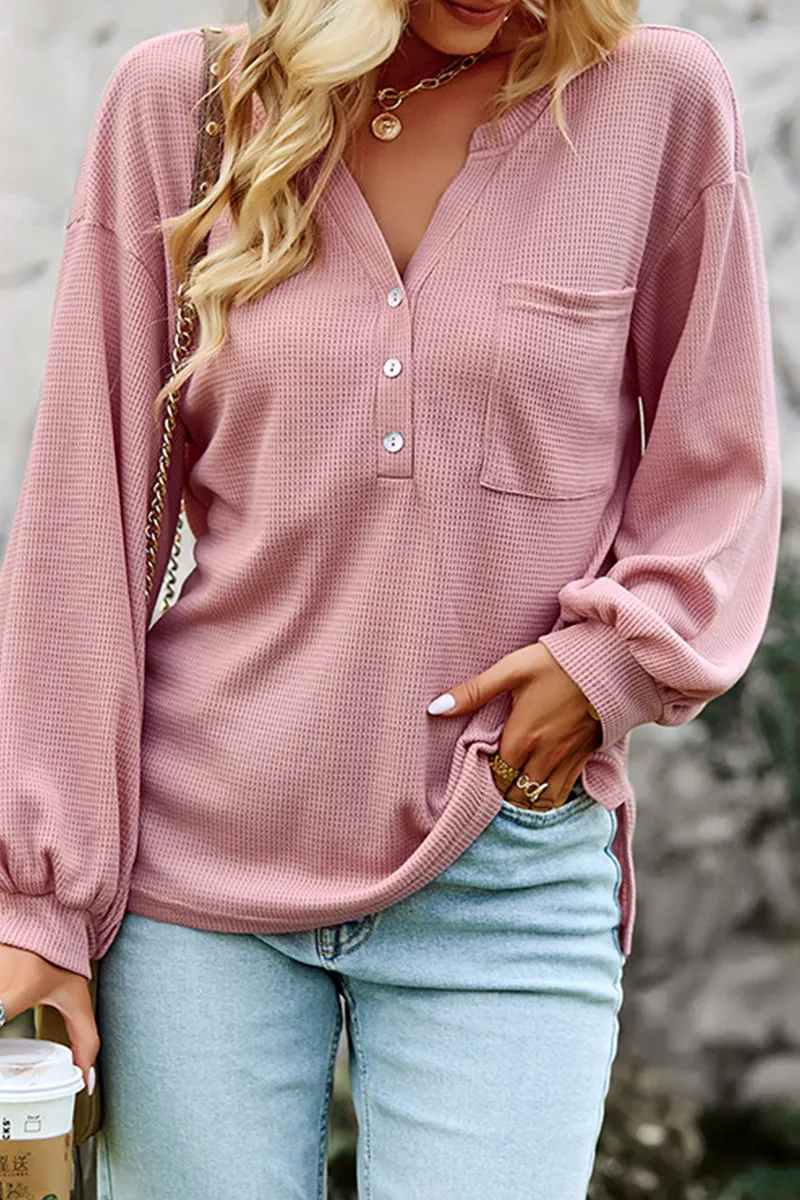 Casual Solid Buckle O Neck Tops(4 Colors)