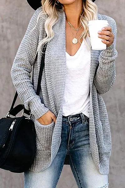 Casual Solid Split Joint Pocket V Neck Tops Sweater