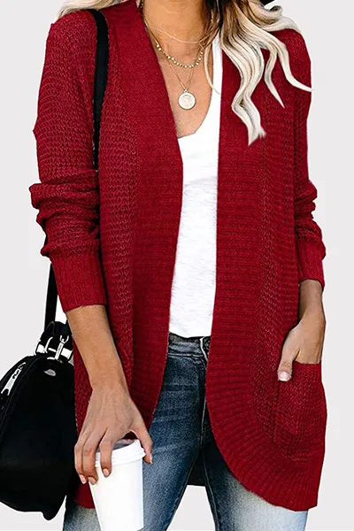 Casual Solid Split Joint Pocket V Neck Tops Sweater