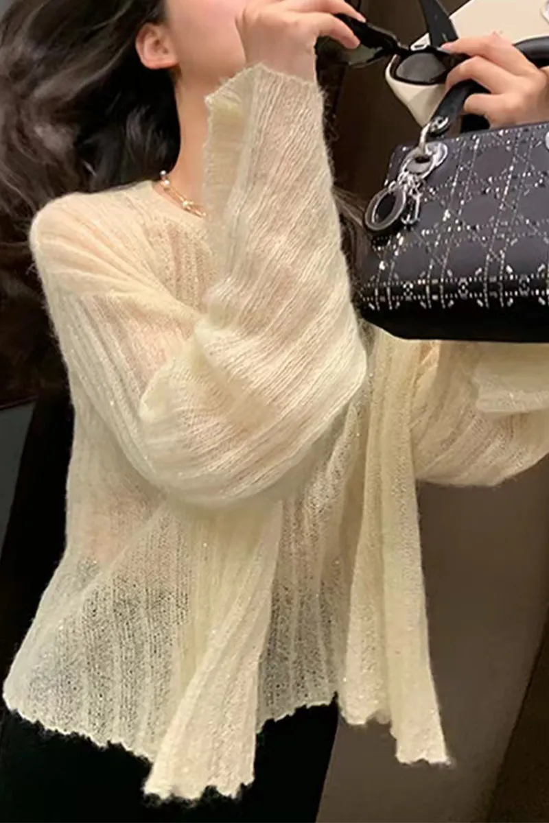 Casual Street Tinsel O Neck Tops(3 Colors)