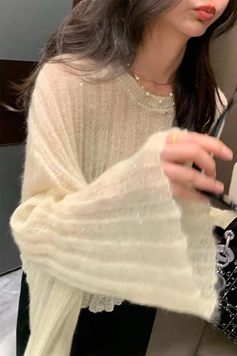 Casual Street Tinsel O Neck Tops(3 Colors)