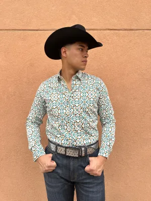 Cesar Platini White/Teal Print Shirt