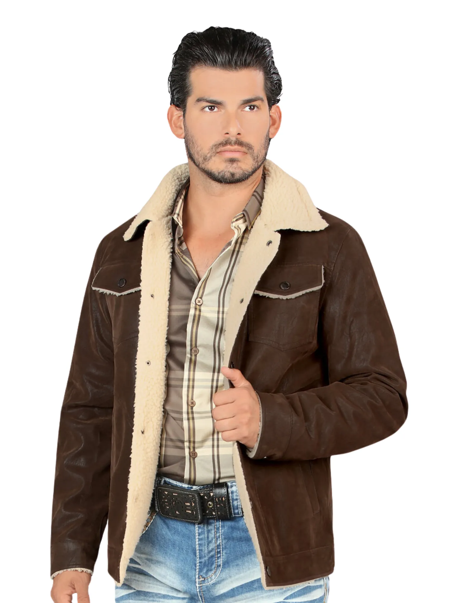Chamarra Vaquera Termica de Forro Afelpado (Tipo Borrego) con Broches para Hombre 'Lamasini' - ID: 616