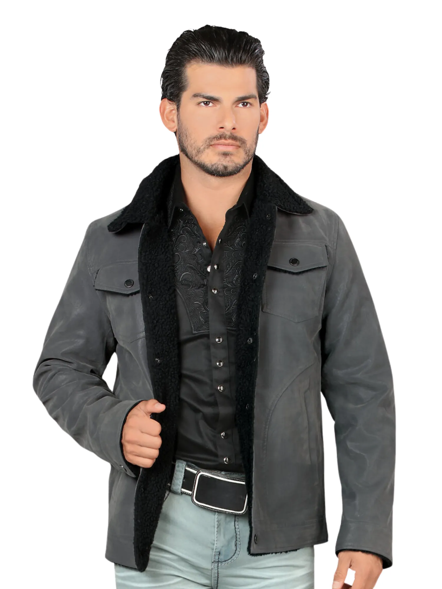 Chamarra Vaquera Termica de Forro Afelpado (Tipo Borrego) con Broches para Hombre 'Lamasini' - ID: 616