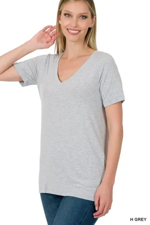 Cora Basic V-Neck Top in Heather Grey
