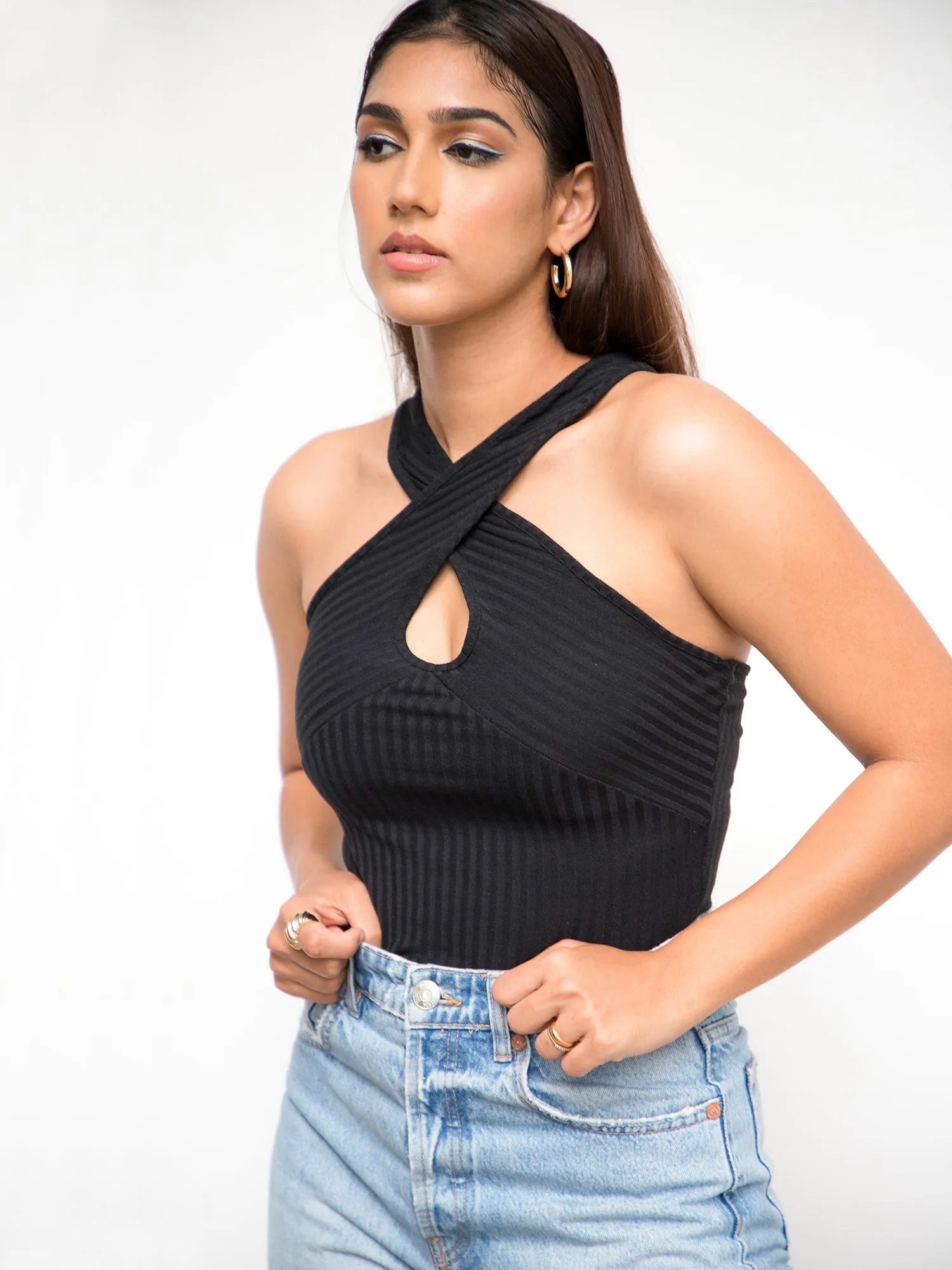 Cross Front Detail Ribbed Top
