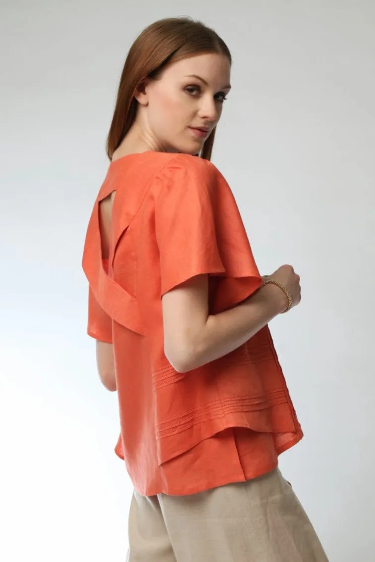 Cross Open Back Pintuck Blouse (Orange) Style # 1733