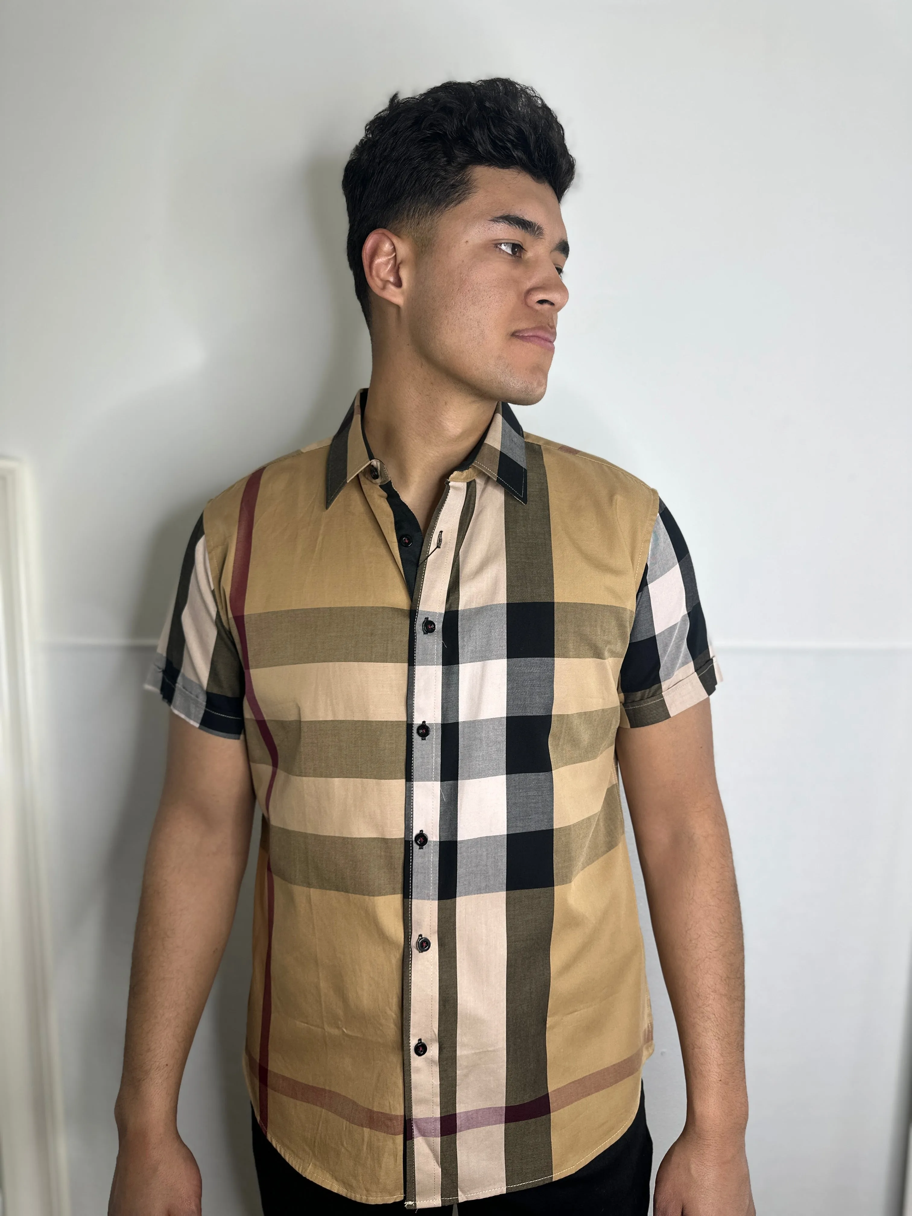 Dark Khaki Berry Print Short Sleeve Shirt