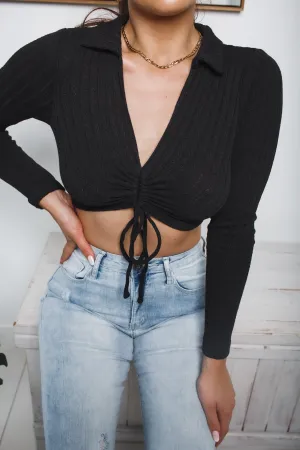 DEMI LONG SLEEVE CROP TOP - Black