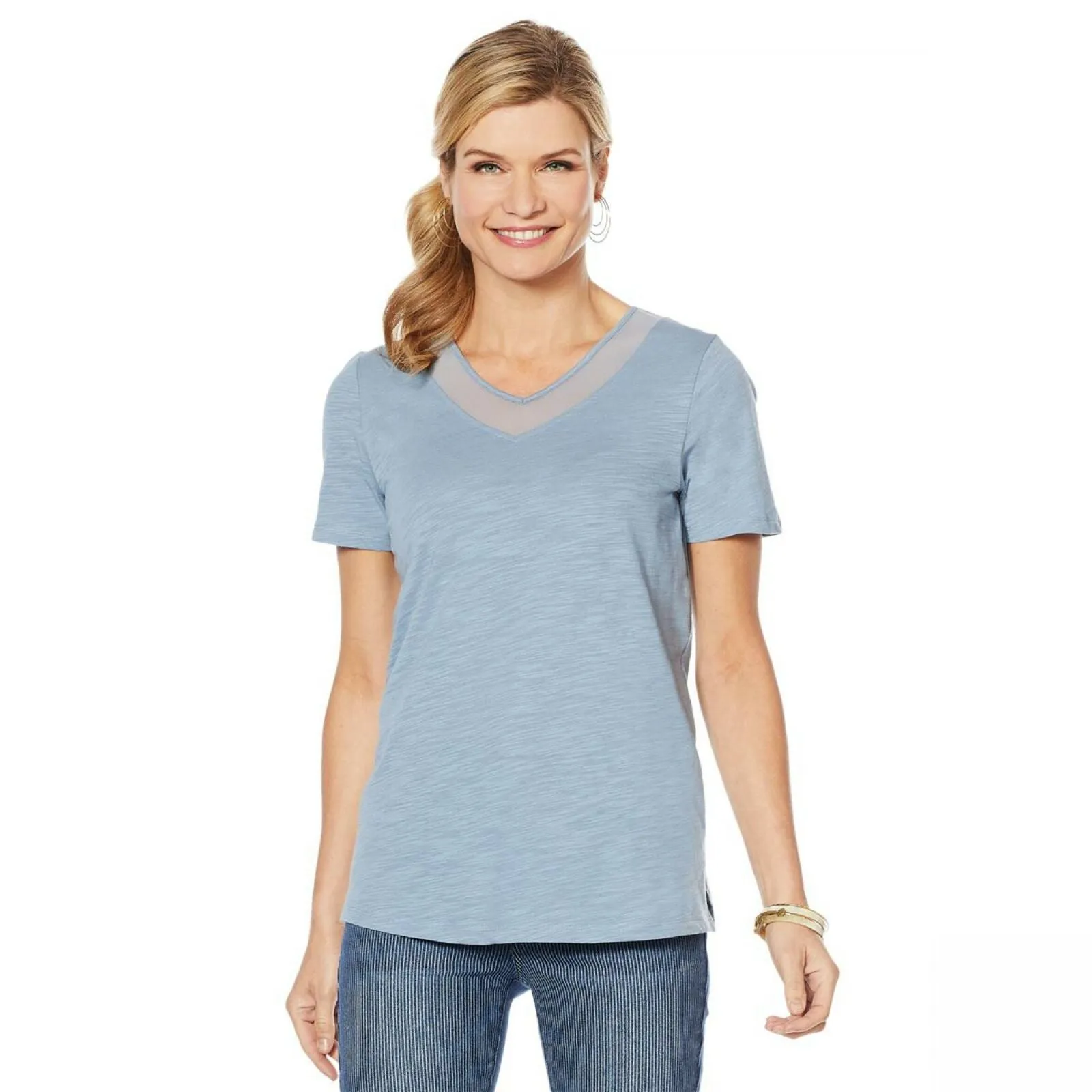 DG2 by Diane Gilman Short Sleeve Mesh Insert V Neck T-Shirt Chambray Small