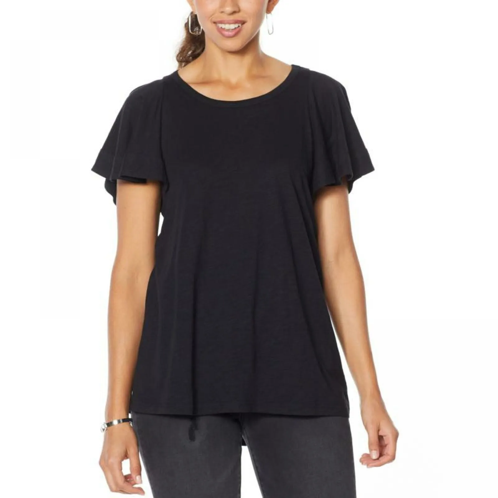 DG2 by Diane Gilman Women's Flutter-Sleeve T-Shirt Black Small