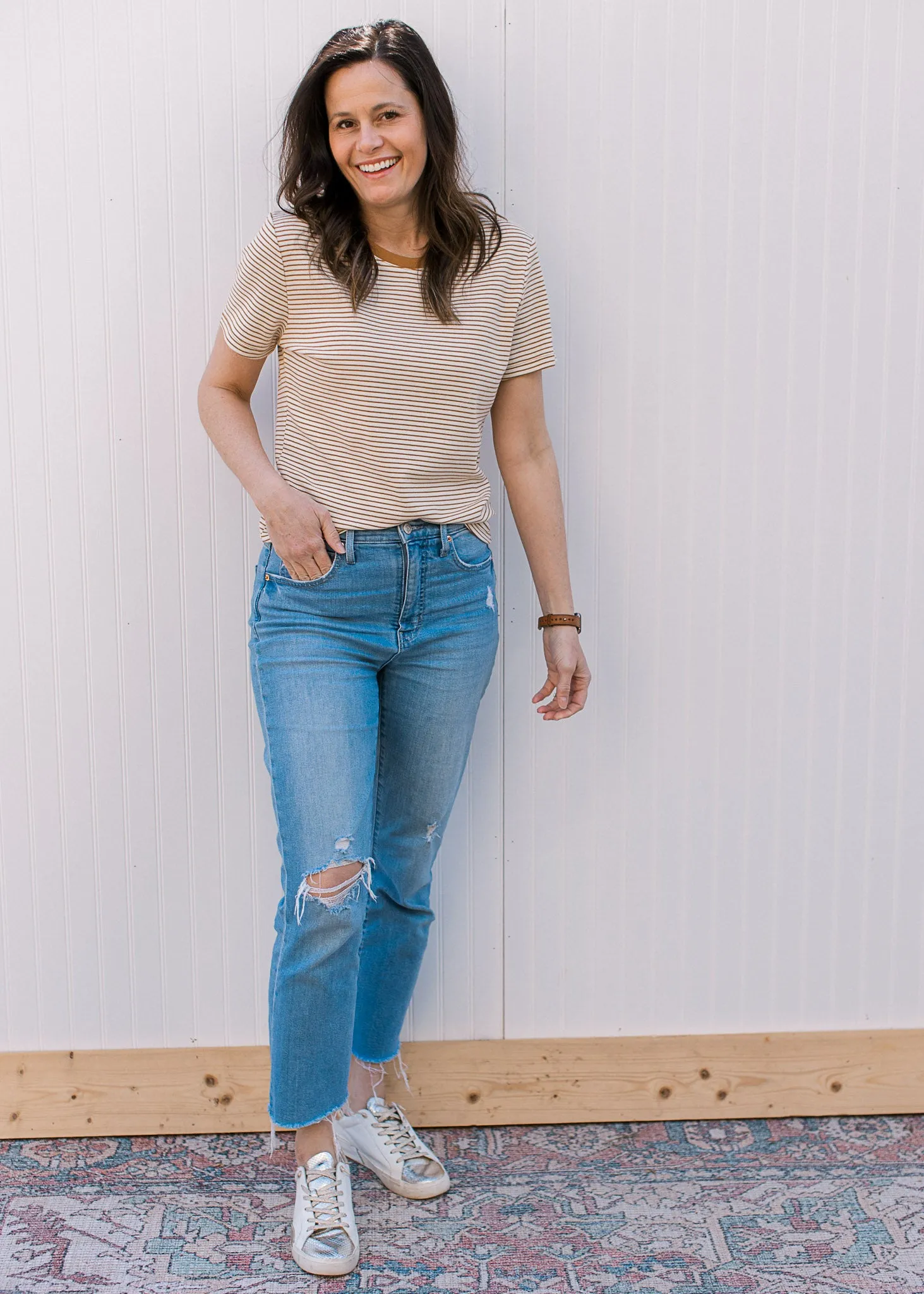 Ecru and Camel Striped Tee