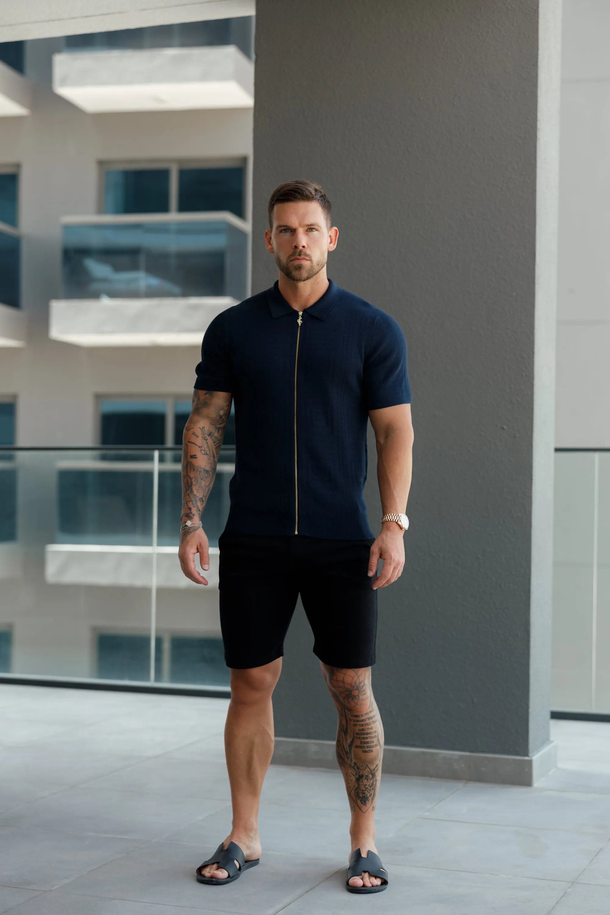 Father Sons Classic Knitted Geo Design With Full Length Zip Navy Short Sleeve - FSN149