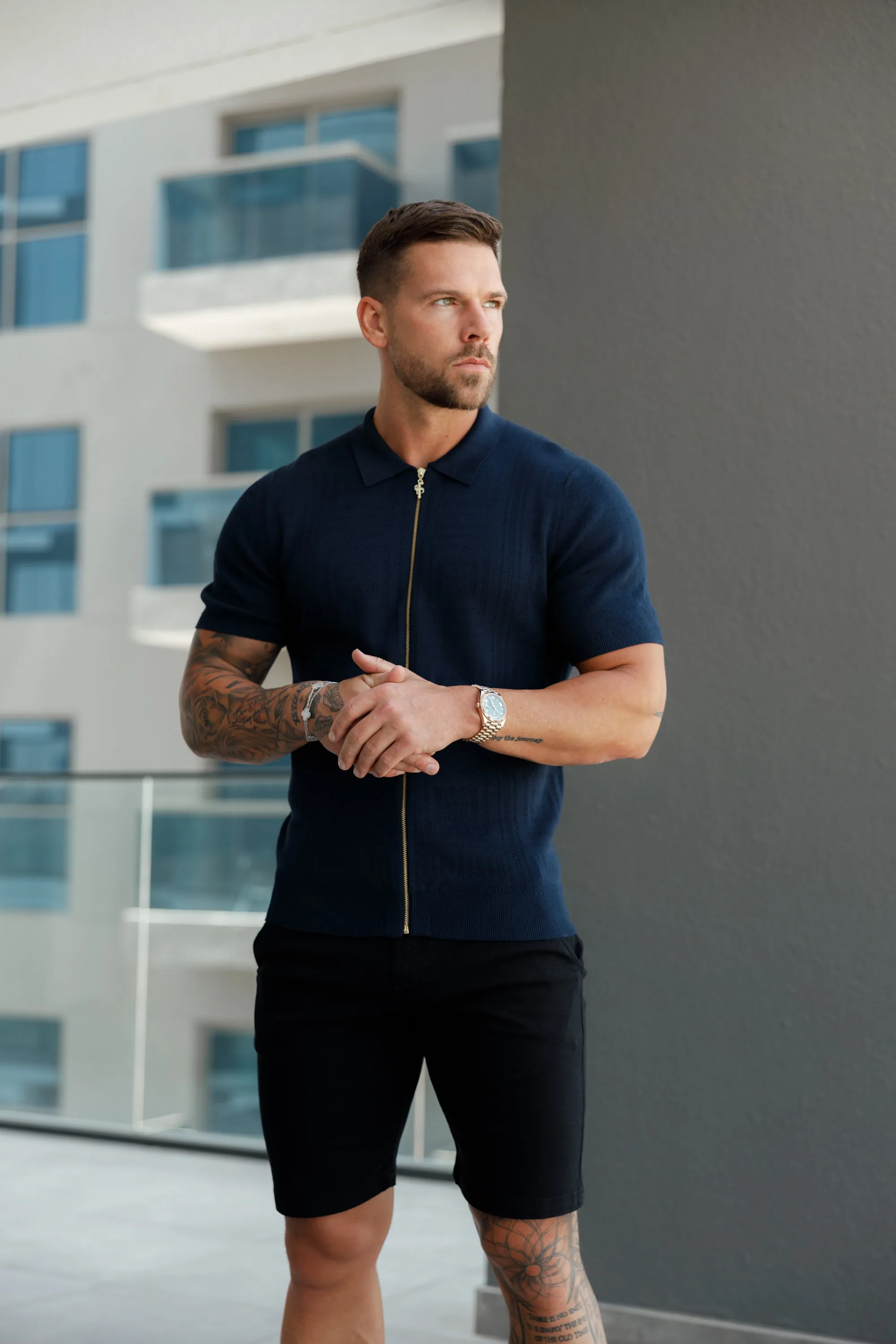 Father Sons Classic Knitted Geo Design With Full Length Zip Navy Short Sleeve - FSN149
