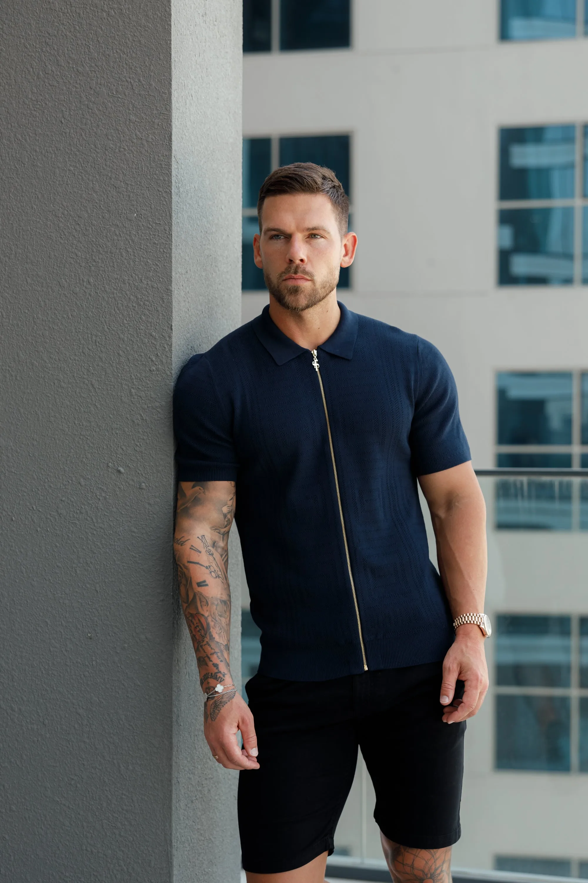 Father Sons Classic Knitted Geo Design With Full Length Zip Navy Short Sleeve - FSN149