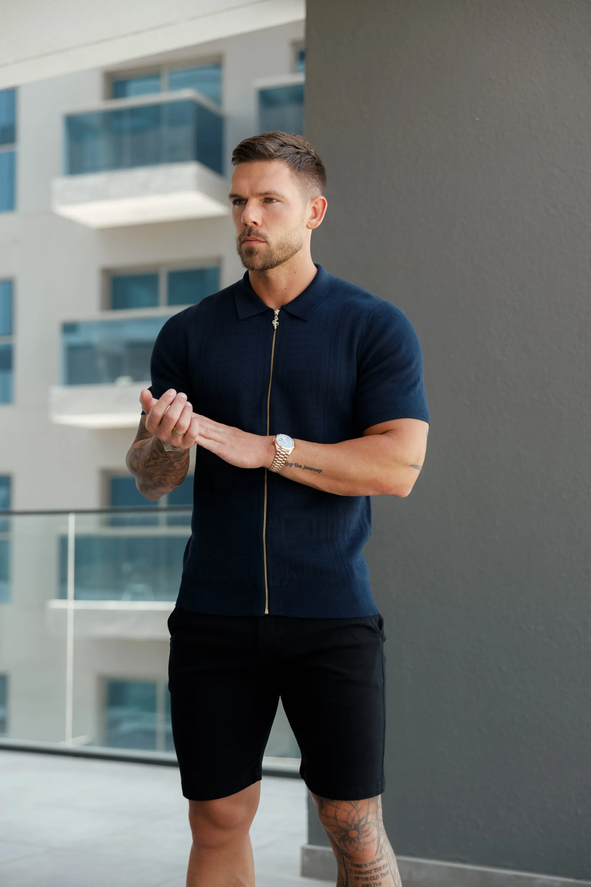 Father Sons Classic Knitted Geo Design With Full Length Zip Navy Short Sleeve - FSN149