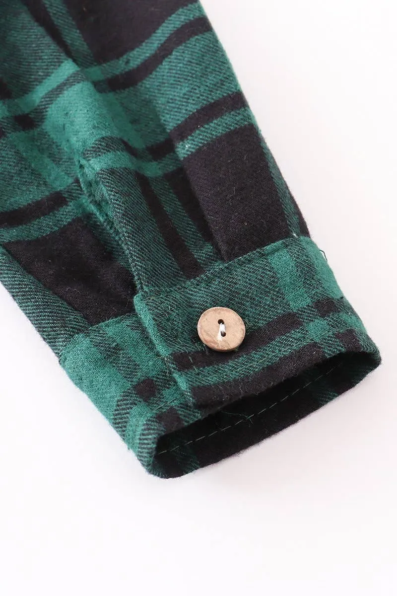 Green black plaid stripes collared baby long sleeve bodysuit