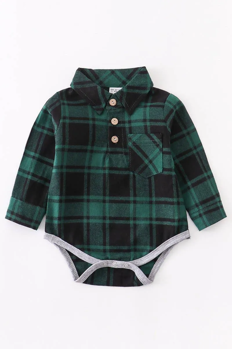 Green black plaid stripes collared baby long sleeve bodysuit