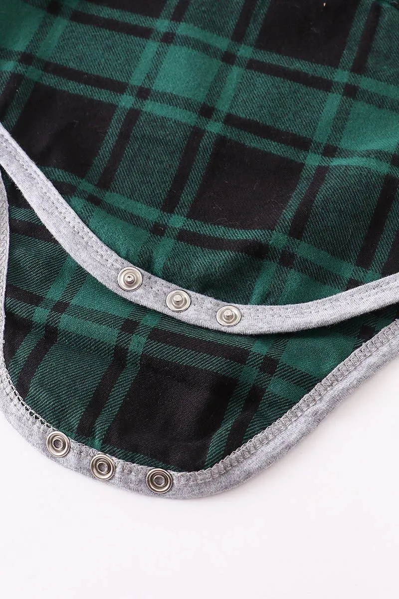 Green black plaid stripes collared baby long sleeve bodysuit