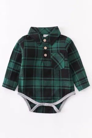 Green black plaid stripes collared baby long sleeve bodysuit