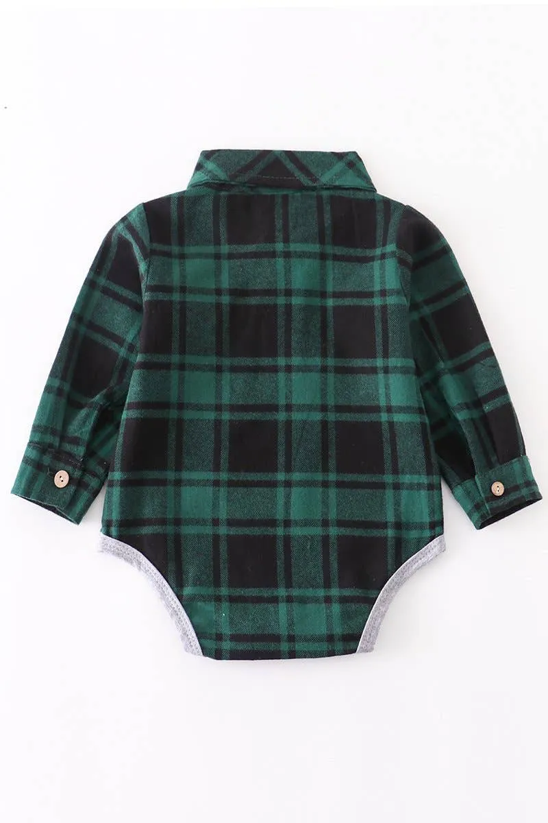 Green black plaid stripes collared baby long sleeve bodysuit