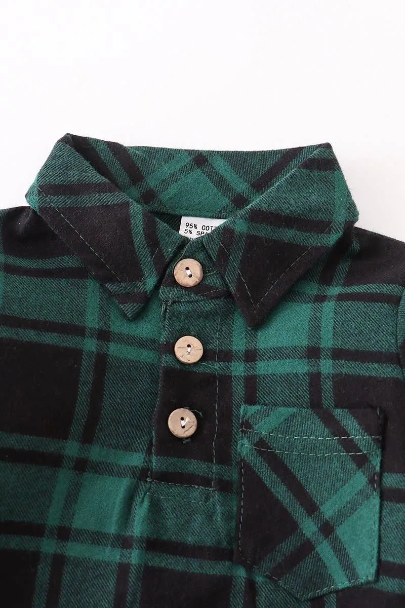 Green black plaid stripes collared baby long sleeve bodysuit