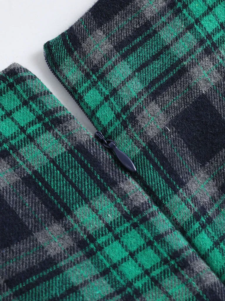 Green Plaid 3/4 Sleeve V Neck 1950S Vintage Dress