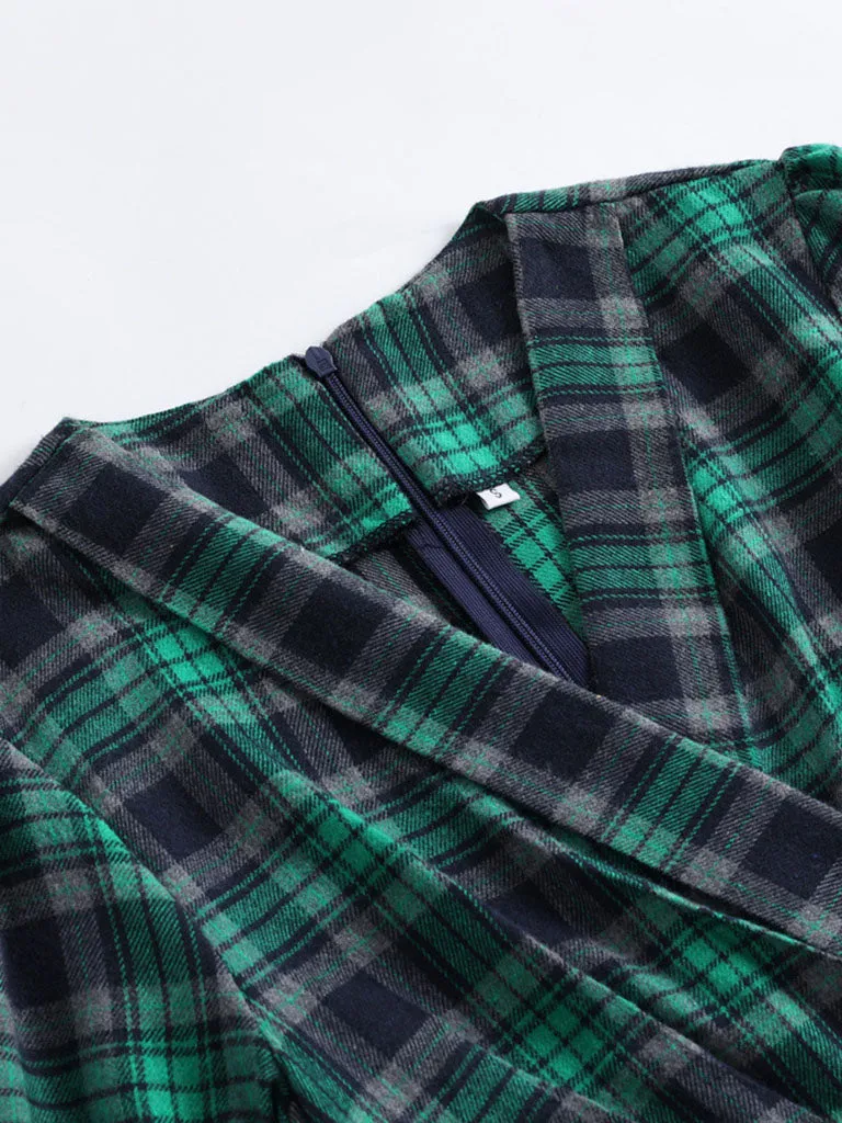 Green Plaid 3/4 Sleeve V Neck 1950S Vintage Dress